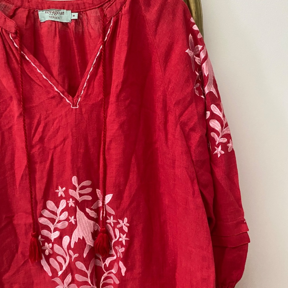 Voyageur by Mersea Red 100% Linen Palermo Embroidered Maxi Vacation Dress Size M - Picture 9 of 12